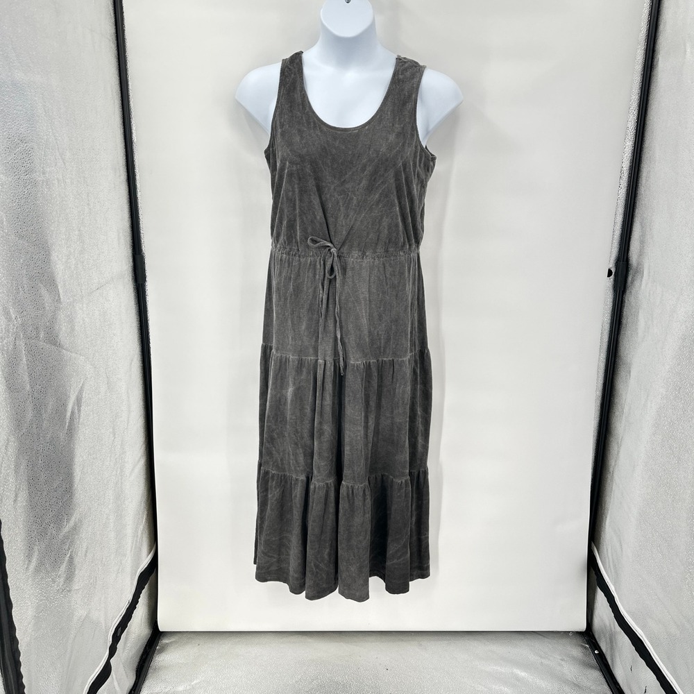 Boho Gray Mineral Wash Midi Dress Large Tiered Earthy Granola Comfort